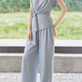 Casual Waist Tie V-Neck Set - liwisi