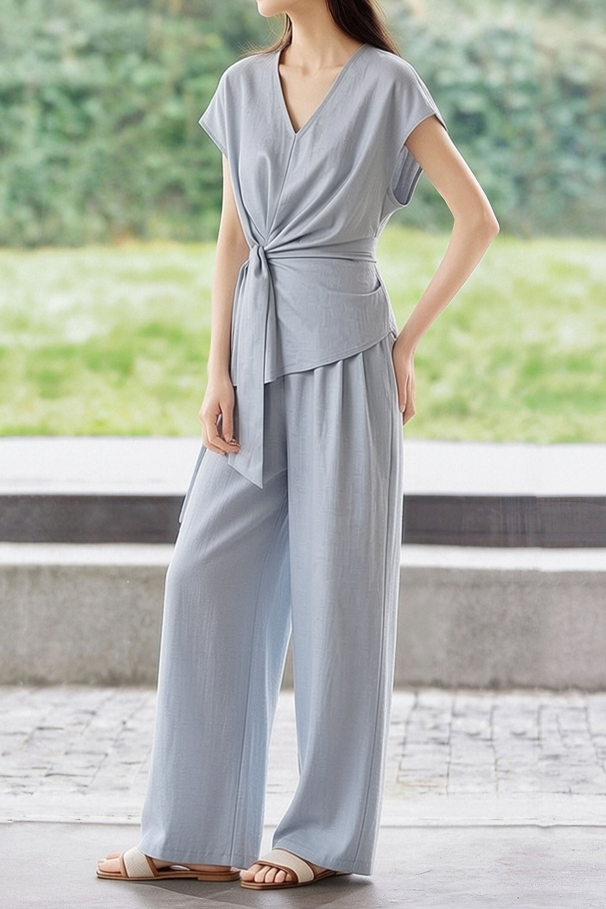 Casual Waist Tie V-Neck Set - liwisi