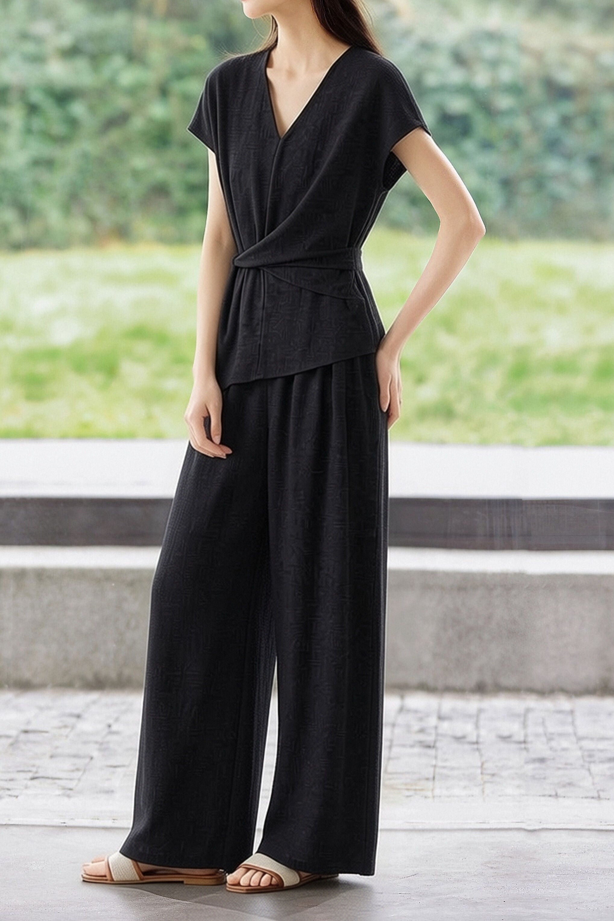 Casual Waist Tie V-Neck Set - liwisi