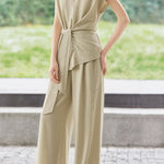 Casual Waist Tie V-Neck Set - liwisi