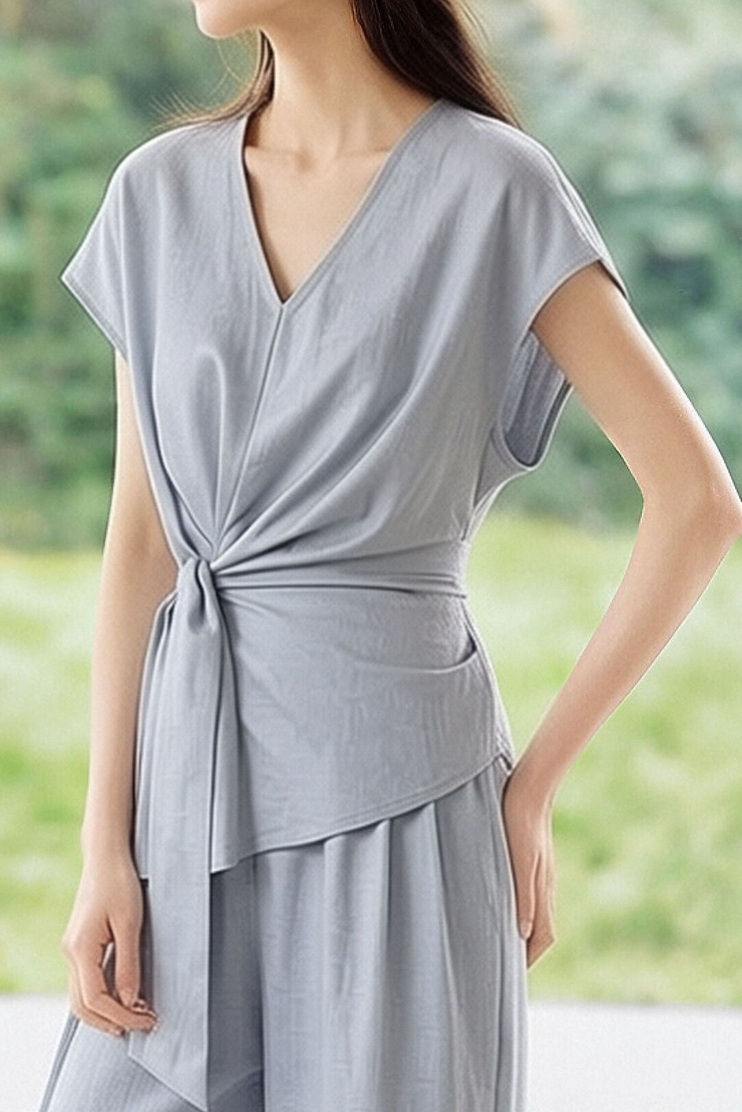 Casual Waist Tie V-Neck Set - liwisi