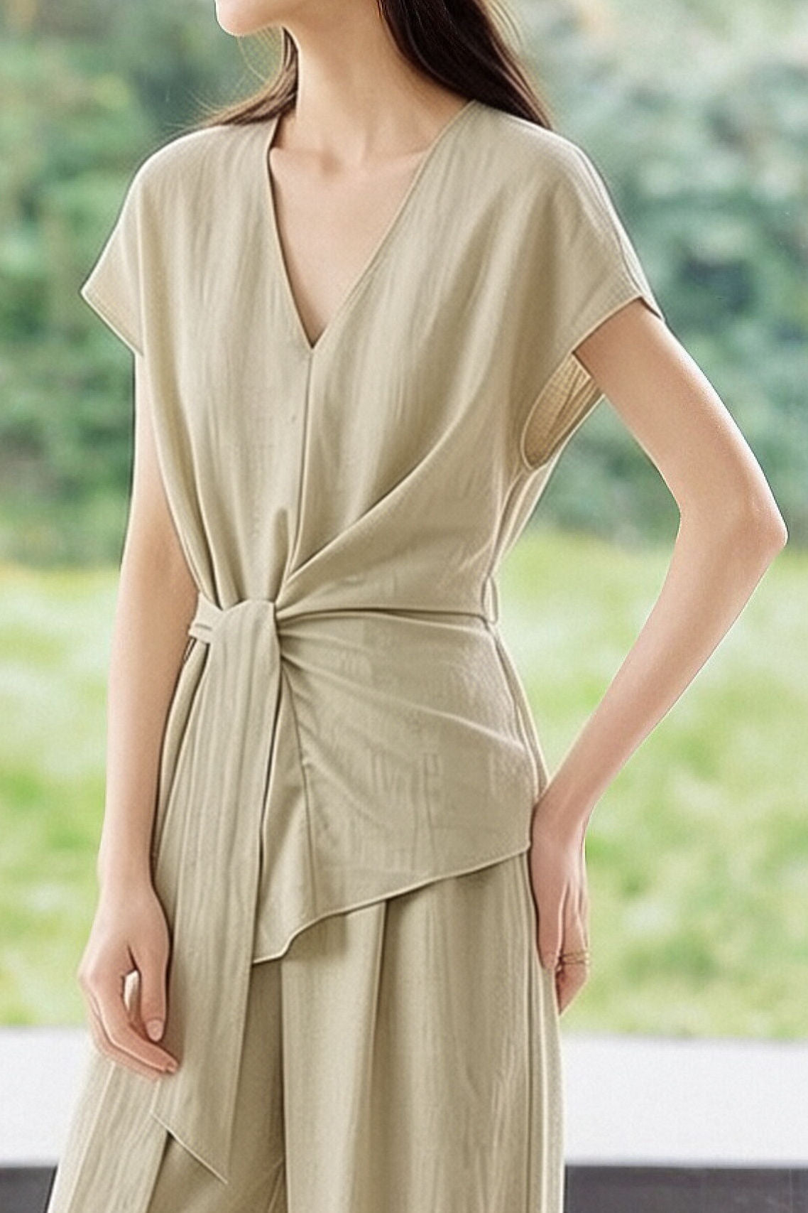 Casual Waist Tie V-Neck Set - liwisi