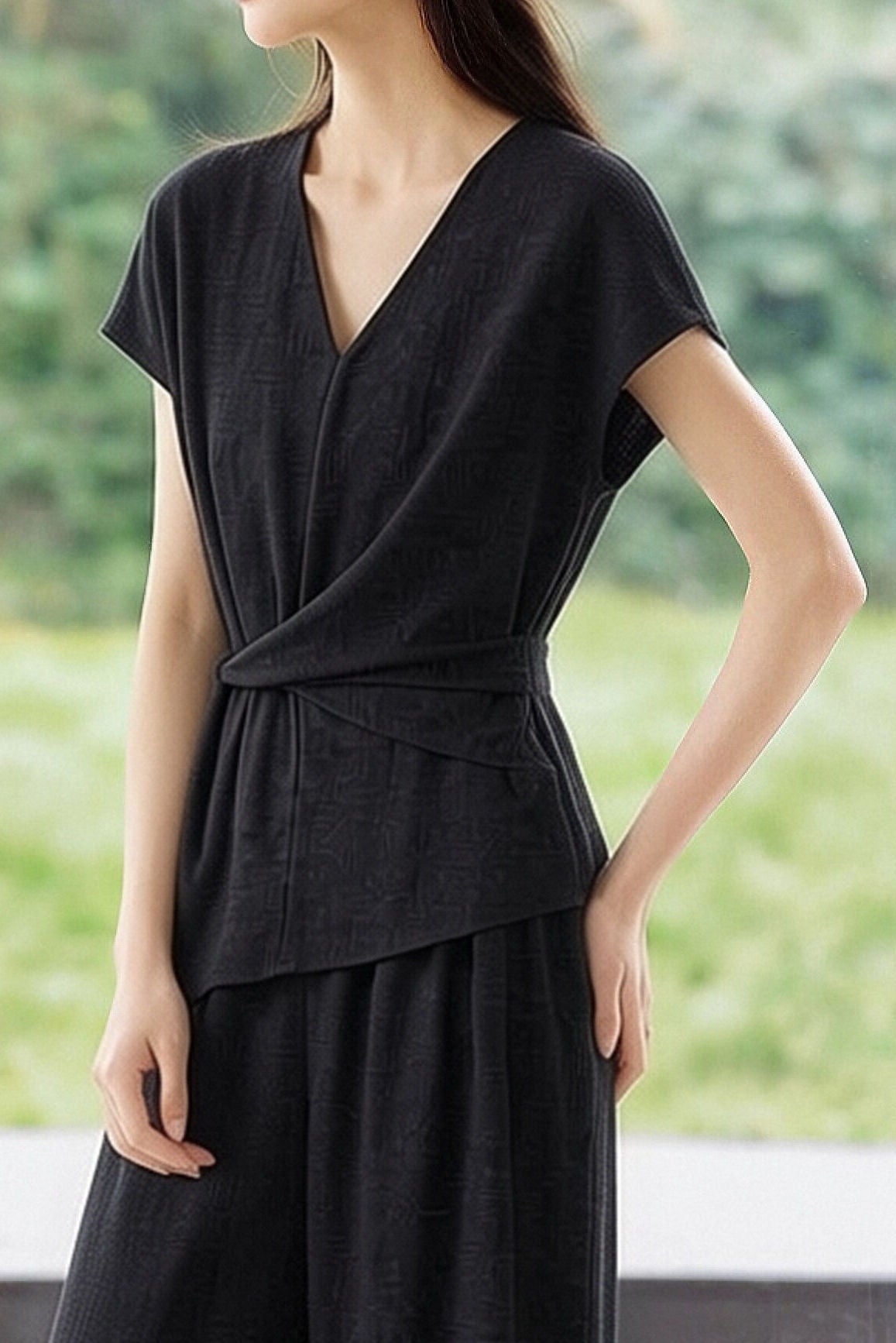 Casual Waist Tie V-Neck Set - liwisi