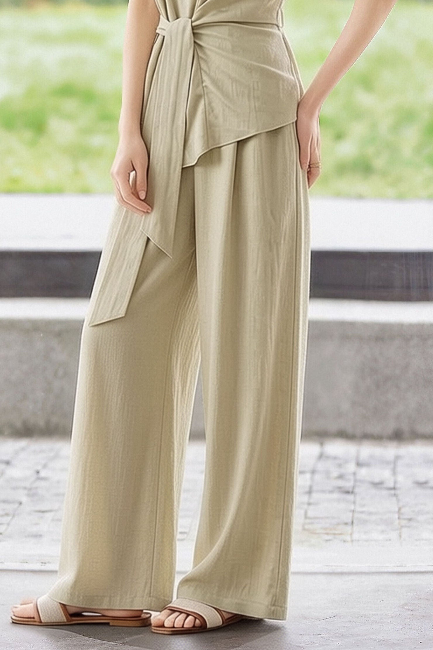 Casual Waist Tie V-Neck Set - liwisi