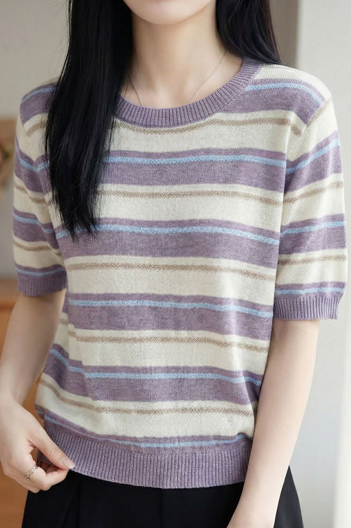 Casual Striped Color Block Wool Knit Sweater - liwisi