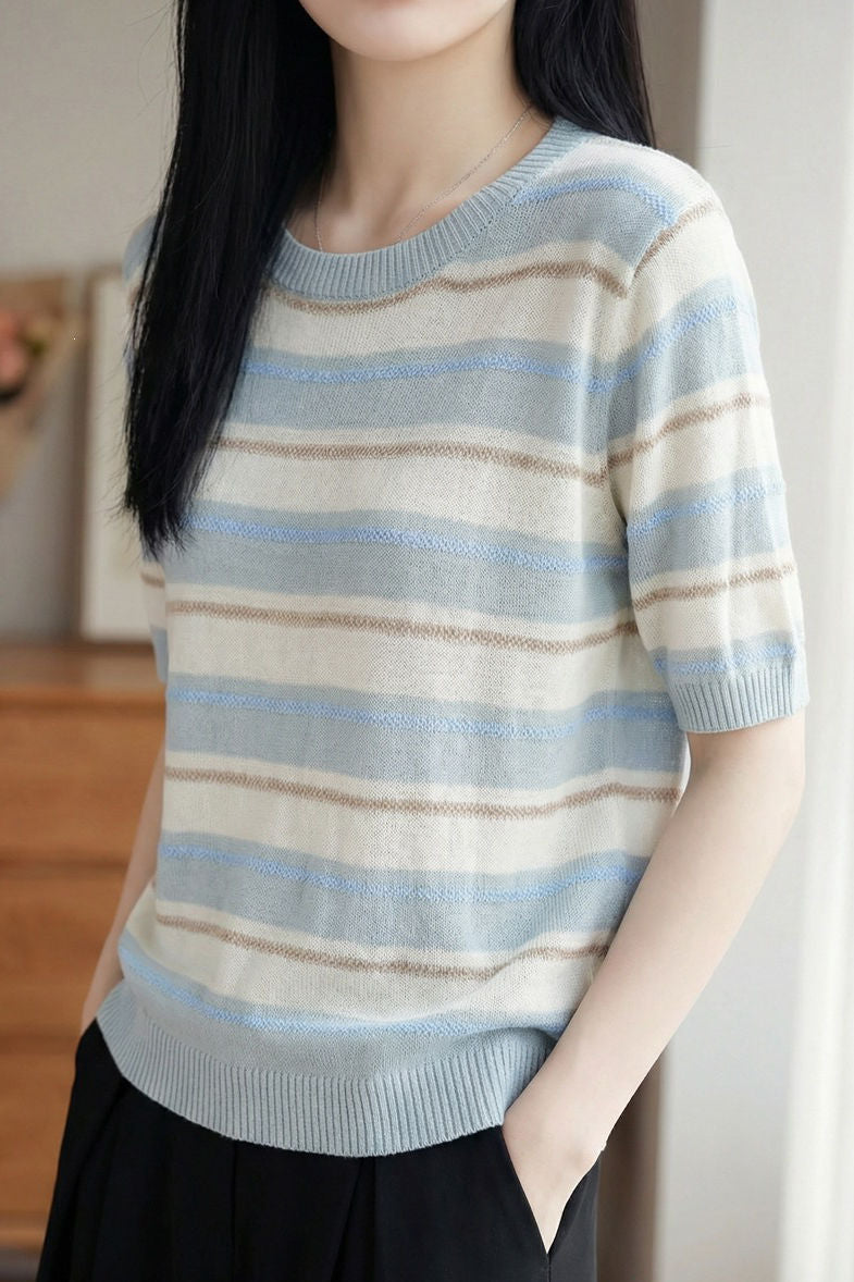 Casual Striped Color Block Wool Knit Sweater - liwisi