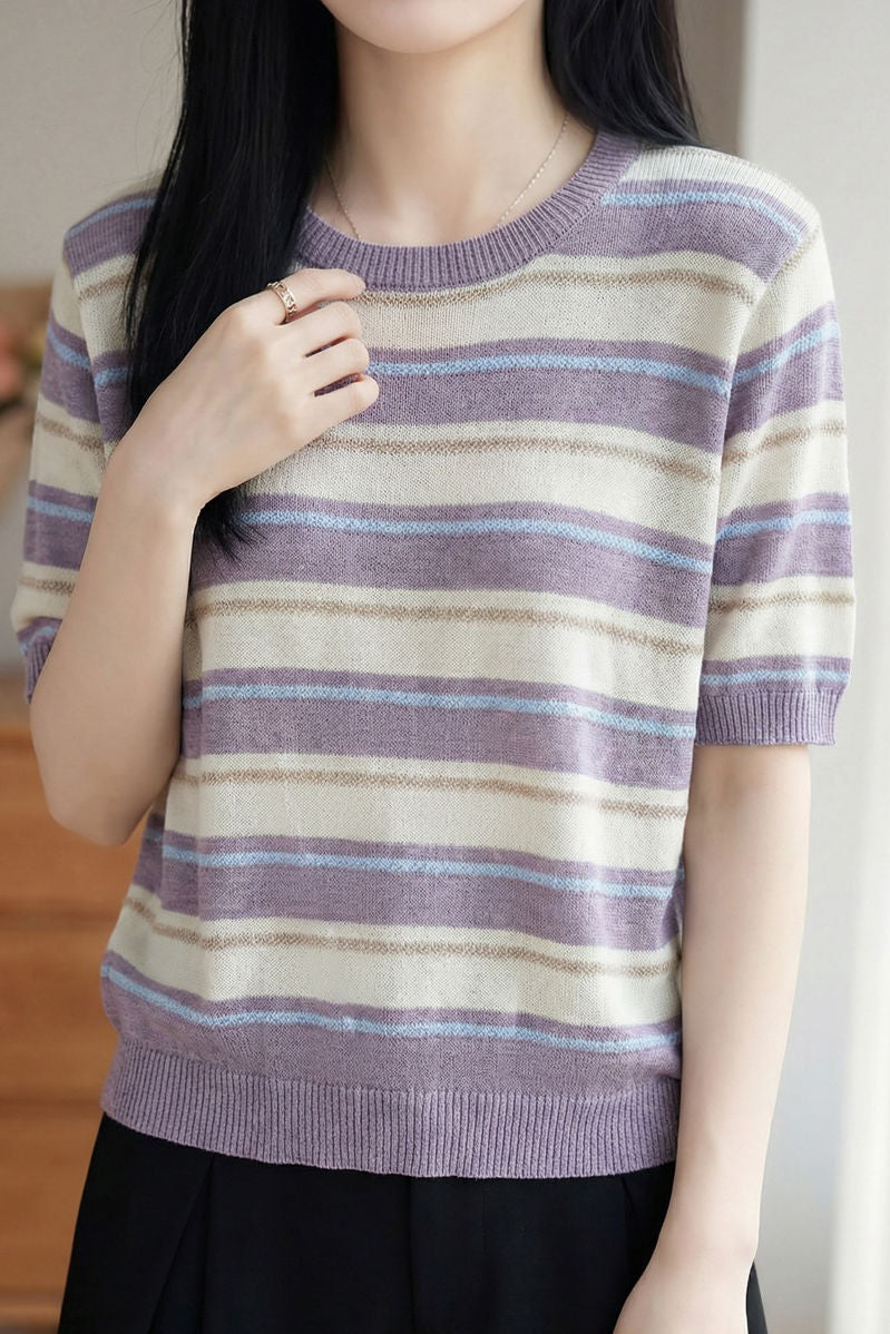 Casual Striped Color Block Wool Knit Sweater - liwisi