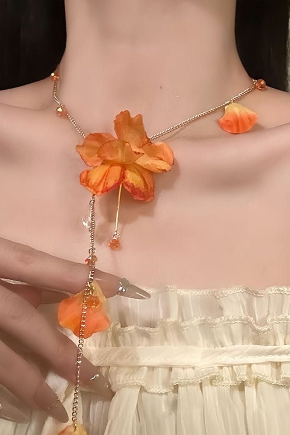 Atmospheric Petal Tassel Necklace And Earrings - liwisi