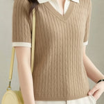 Collegiate-Style Faux Two-Piece Contrast Knit Sweater - liwisi