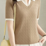 Collegiate-Style Faux Two-Piece Contrast Knit Sweater - liwisi