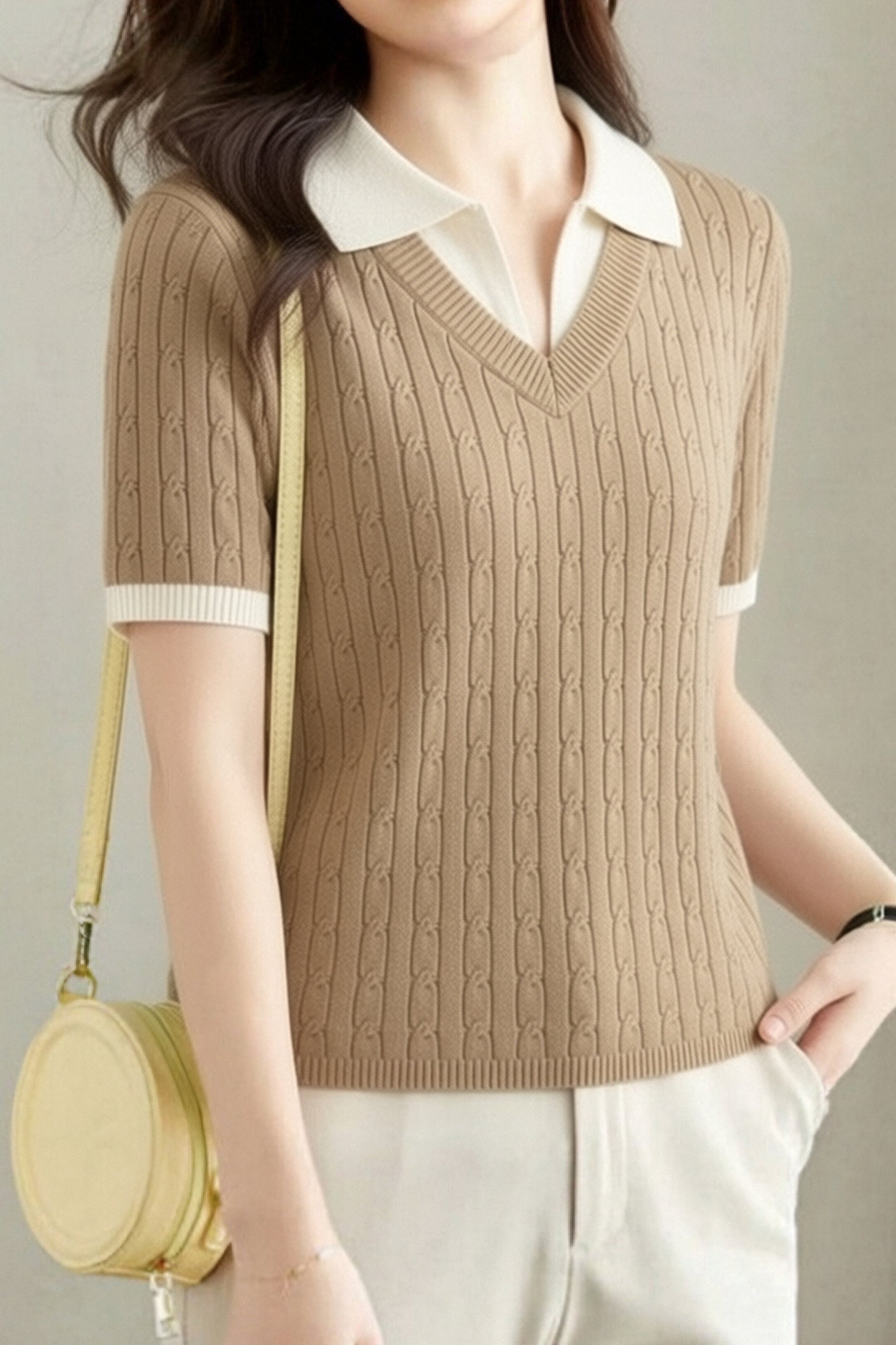 Collegiate-Style Faux Two-Piece Contrast Knit Sweater - liwisi