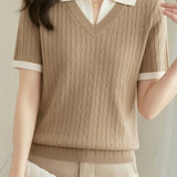 Collegiate-Style Faux Two-Piece Contrast Knit Sweater - liwisi