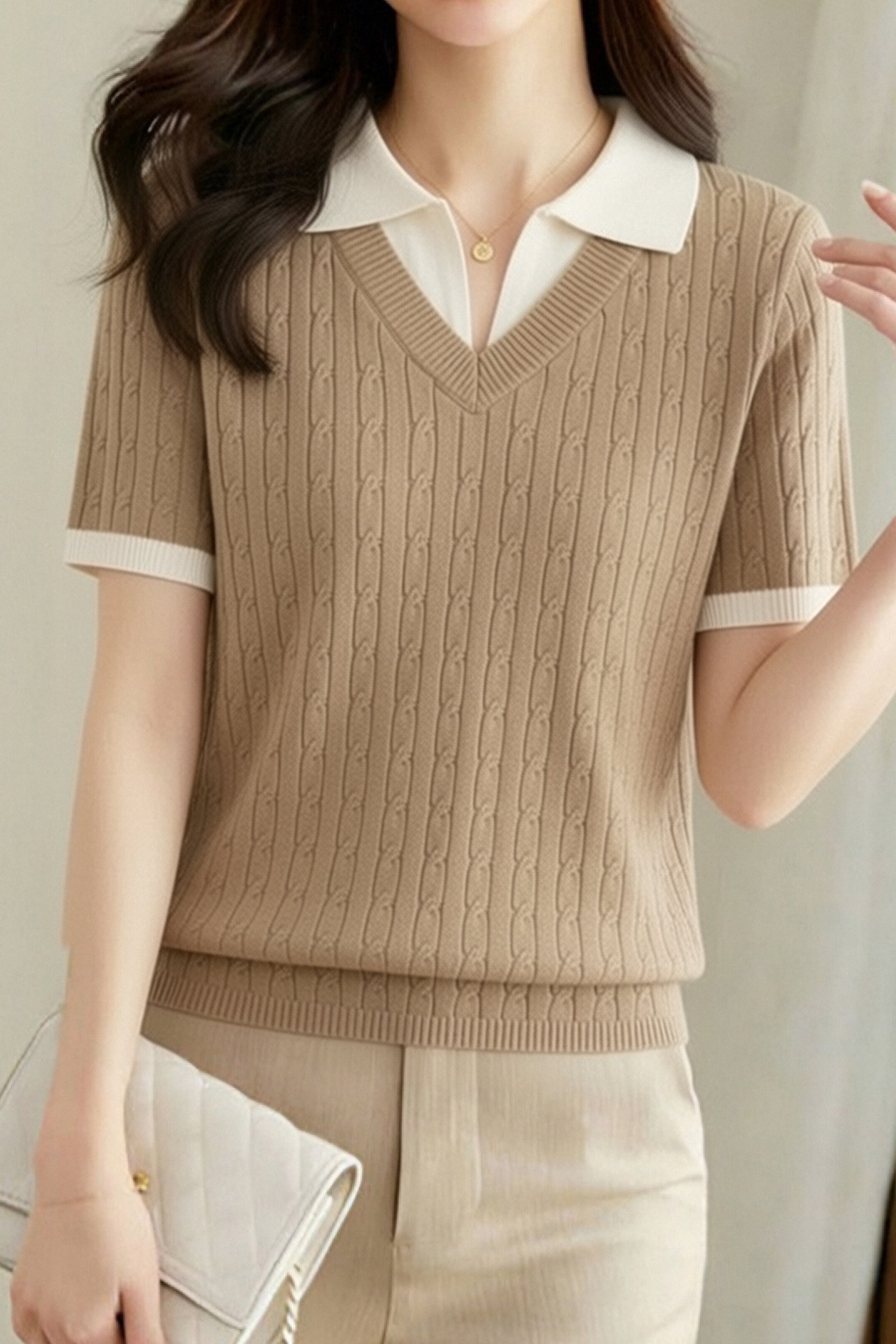 Collegiate-Style Faux Two-Piece Contrast Knit Sweater - liwisi
