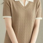Collegiate-Style Faux Two-Piece Contrast Knit Sweater - liwisi