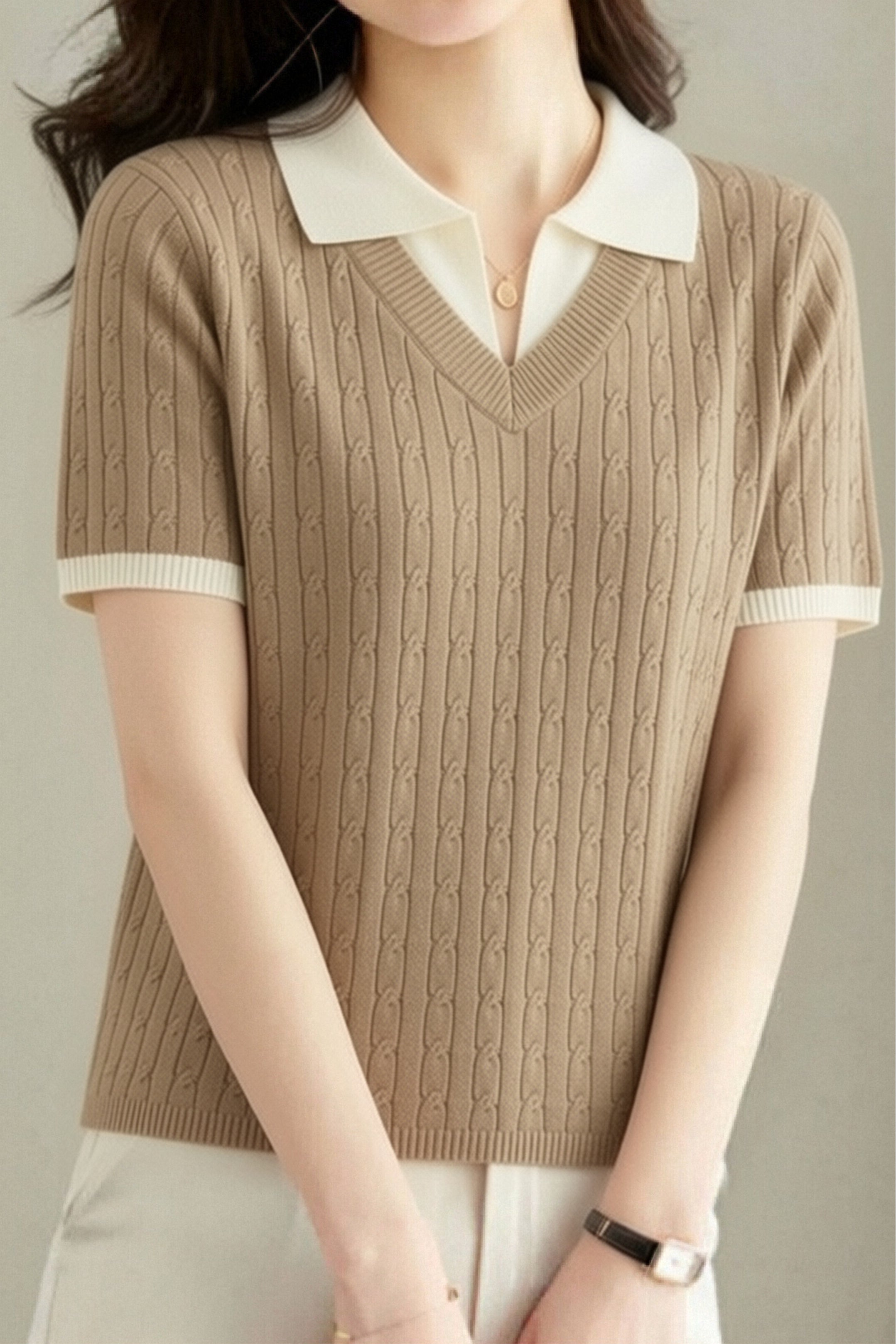 Collegiate-Style Faux Two-Piece Contrast Knit Sweater - liwisi