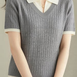 Collegiate-Style Faux Two-Piece Contrast Knit Sweater - liwisi