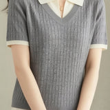 Collegiate-Style Faux Two-Piece Contrast Knit Sweater - liwisi