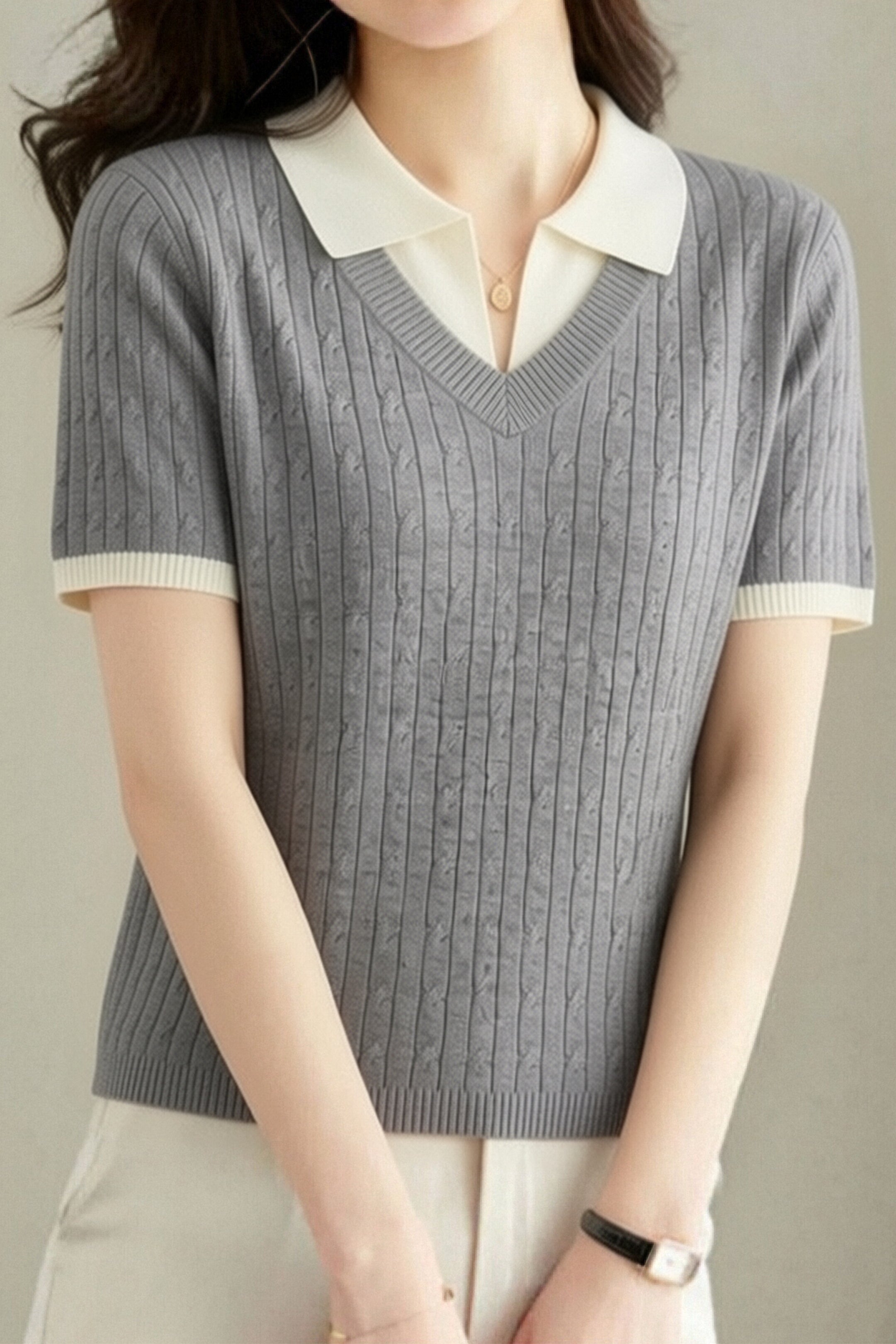 Collegiate-Style Faux Two-Piece Contrast Knit Sweater - liwisi