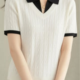 Collegiate-Style Faux Two-Piece Contrast Knit Sweater - liwisi