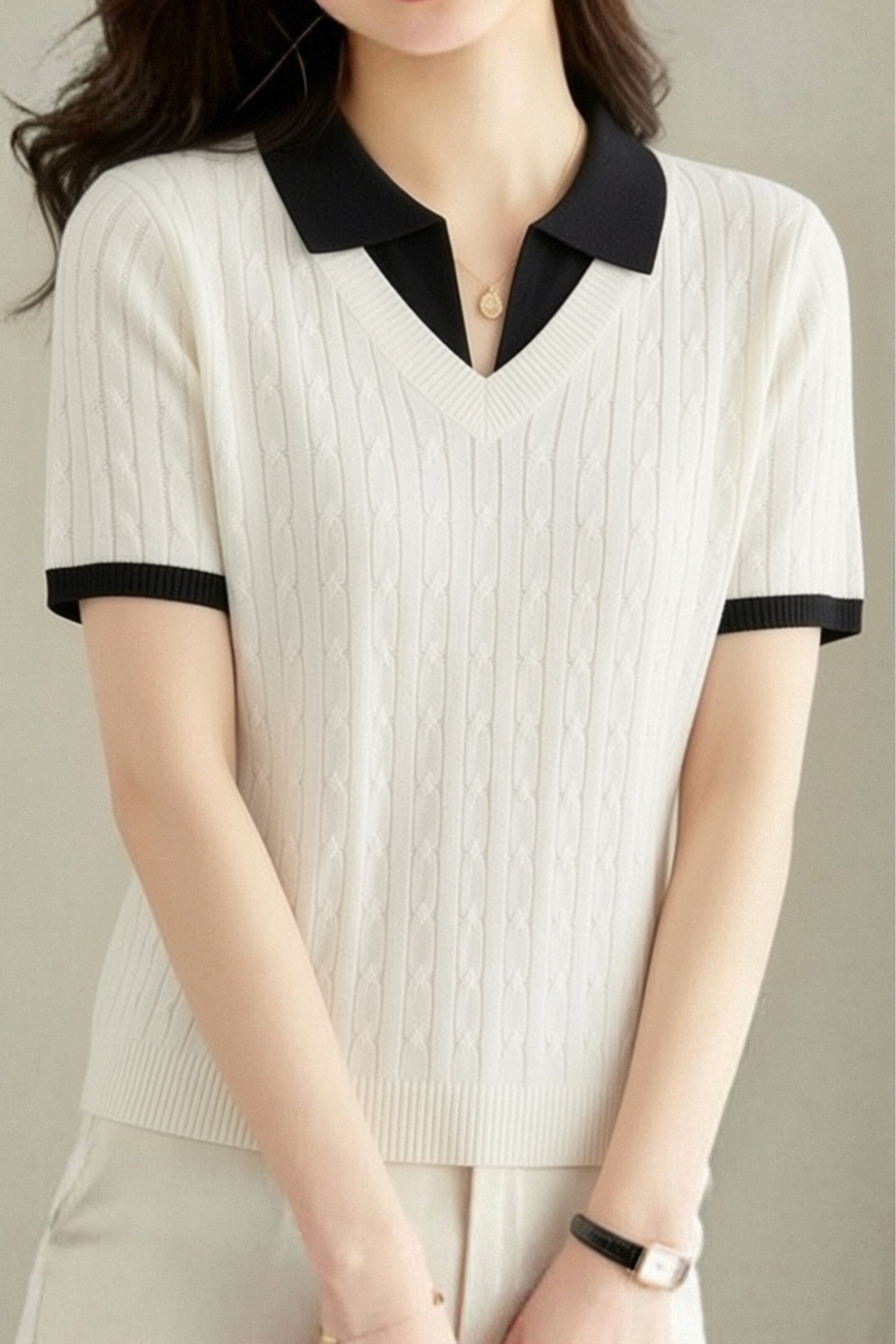 Collegiate-Style Faux Two-Piece Contrast Knit Sweater - liwisi