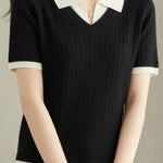 Collegiate-Style Faux Two-Piece Contrast Knit Sweater - liwisi