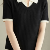 Collegiate-Style Faux Two-Piece Contrast Knit Sweater - liwisi