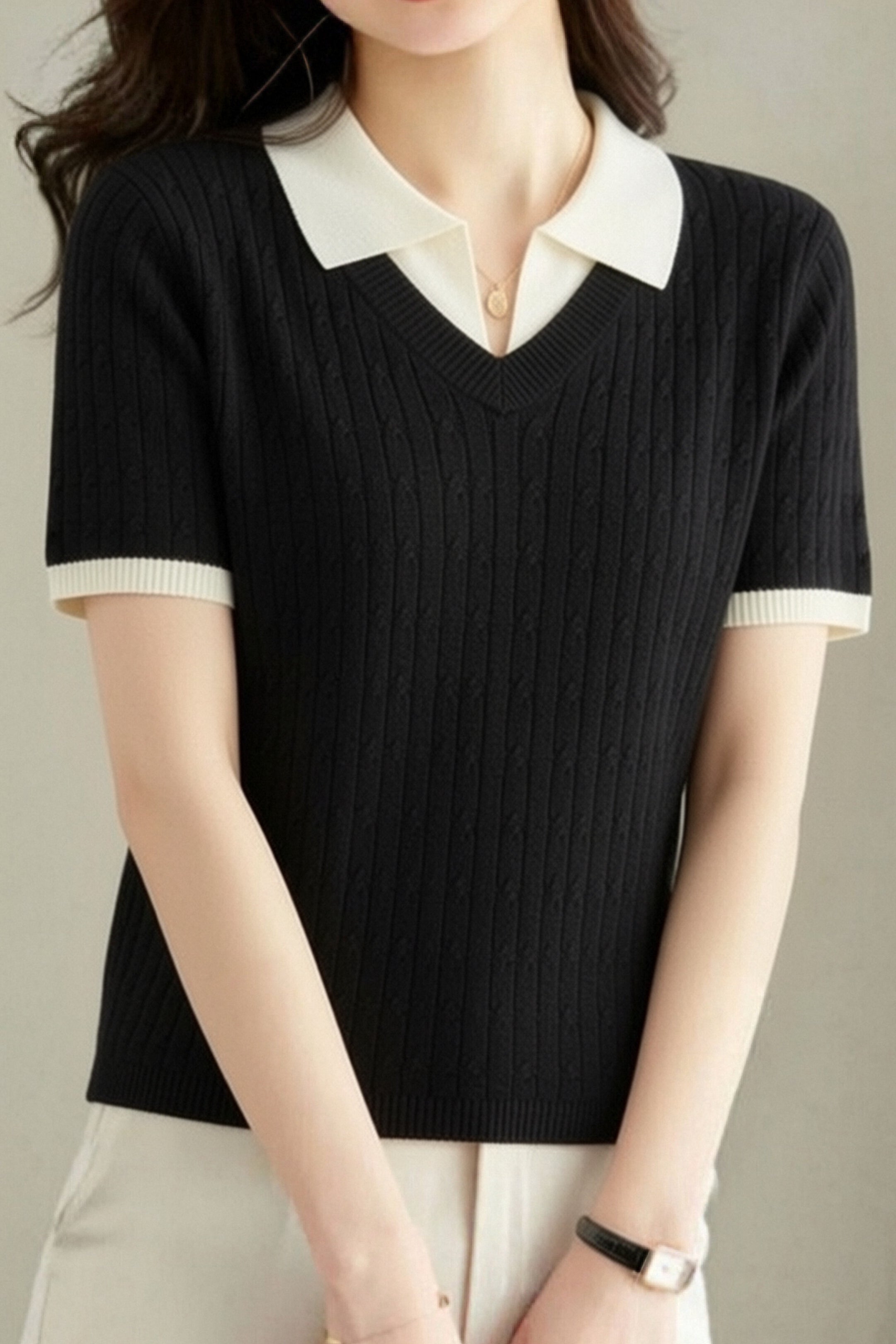 Collegiate-Style Faux Two-Piece Contrast Knit Sweater - liwisi