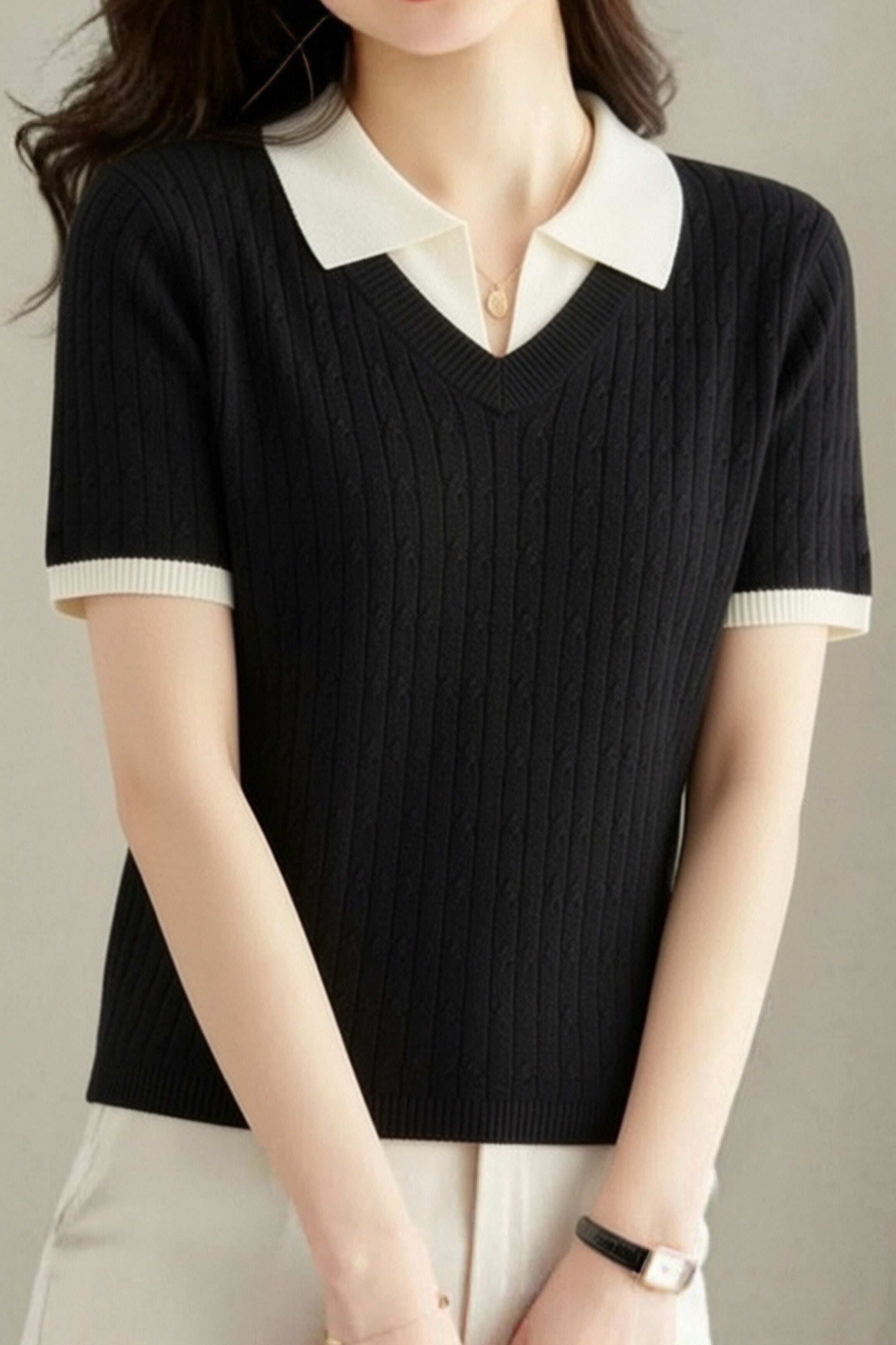 Collegiate-Style Faux Two-Piece Contrast Knit Sweater - liwisi