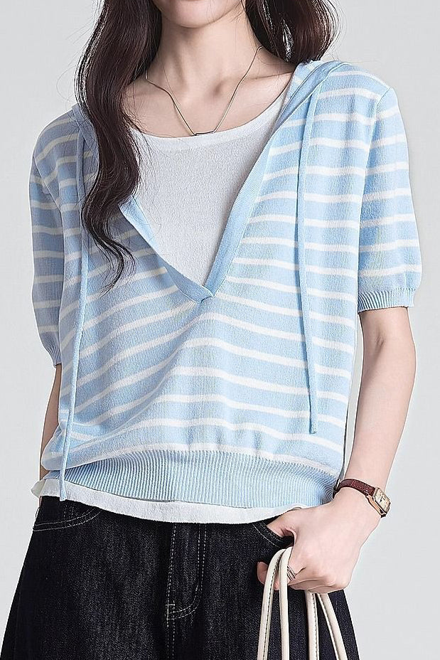 Casual Fake Two-Piece Hooded Striped Knit Sweater - liwisi