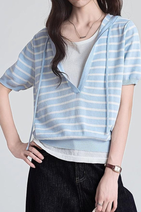 Casual Fake Two-Piece Hooded Striped Knit Sweater - liwisi