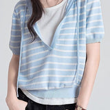Casual Fake Two-Piece Hooded Striped Knit Sweater - liwisi