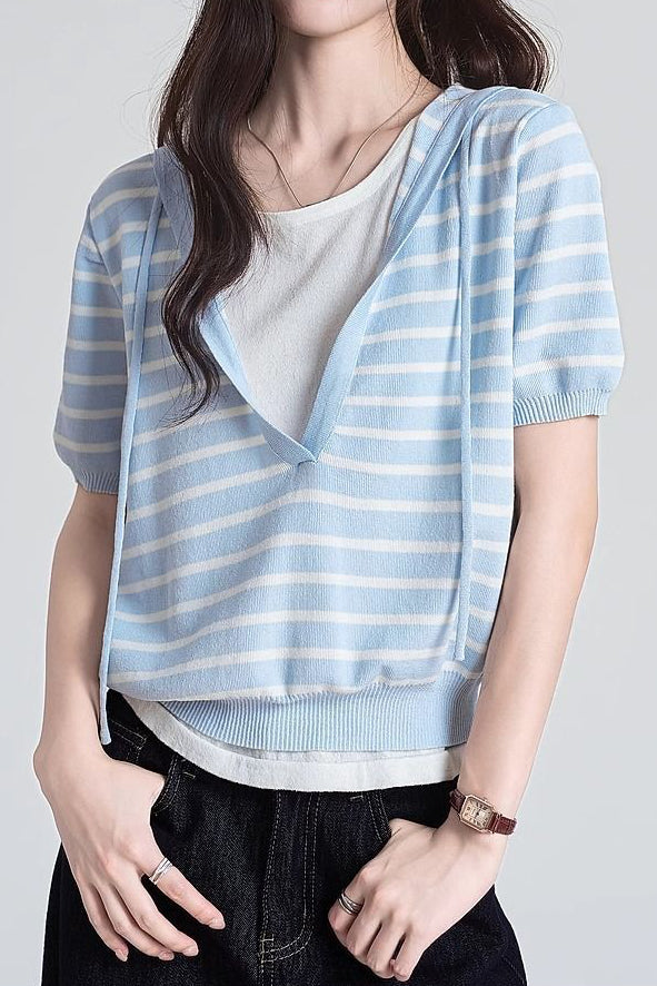 Casual Fake Two-Piece Hooded Striped Knit Sweater - liwisi