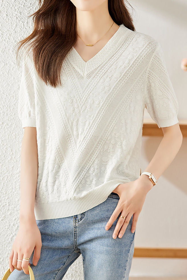 Elegant Versatile V-Neck Textured Knit Sweater - liwisi