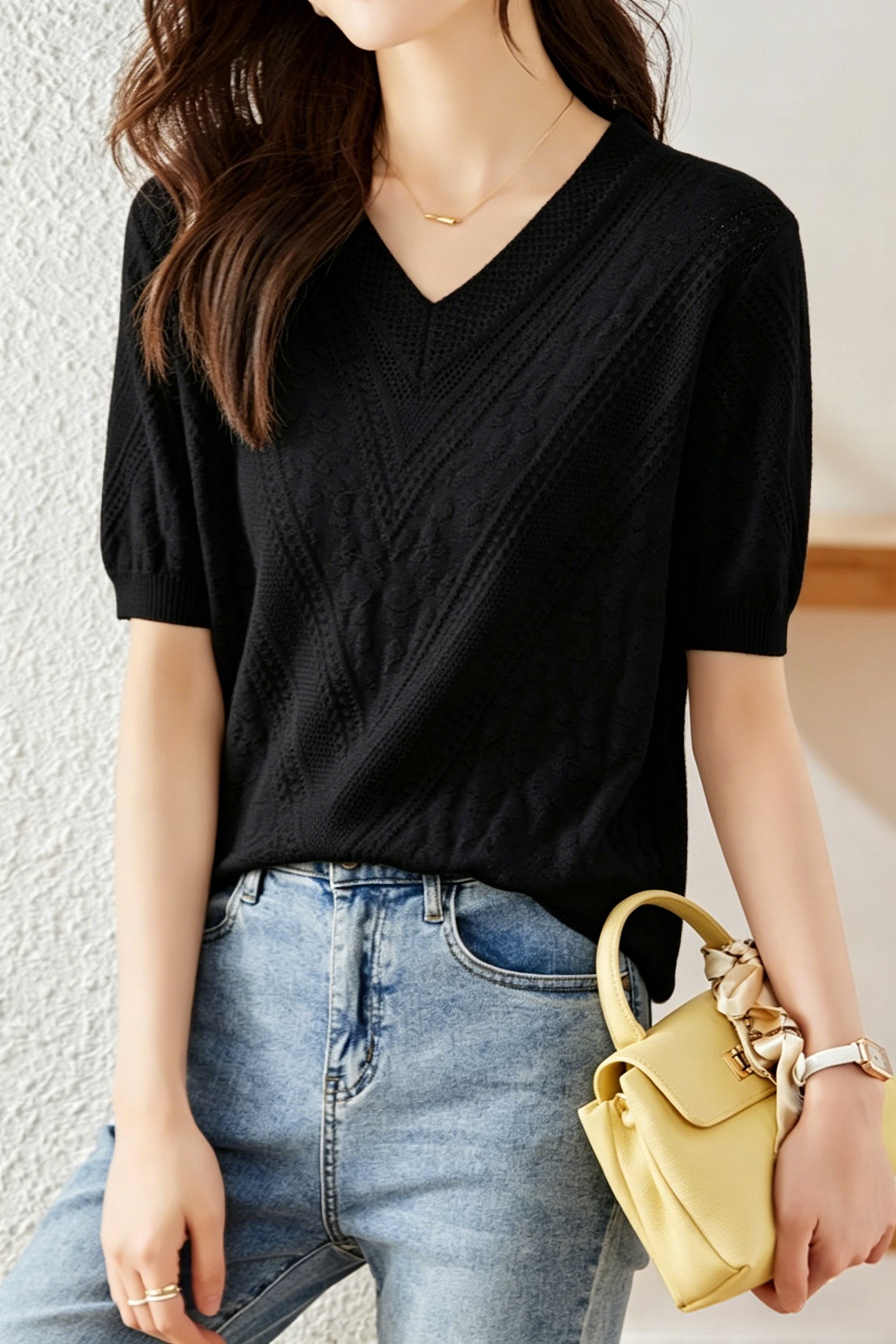 Elegant Versatile V-Neck Textured Knit Sweater - liwisi
