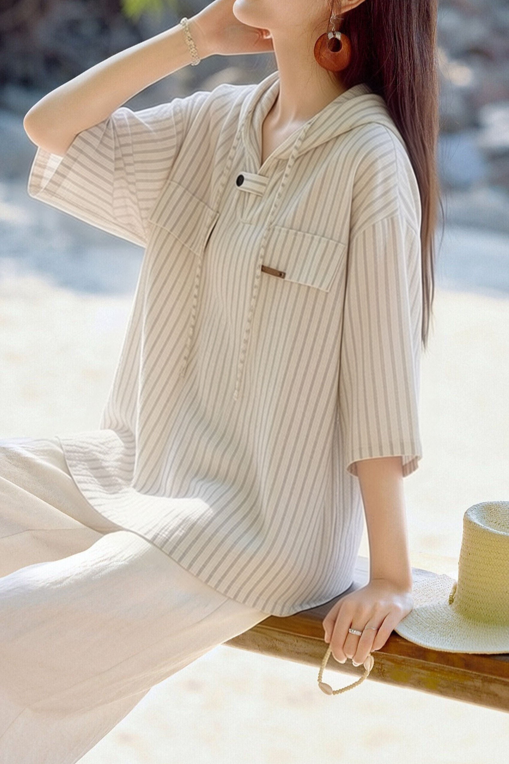Casual Versatile Hooded Striped Shirt - liwisi