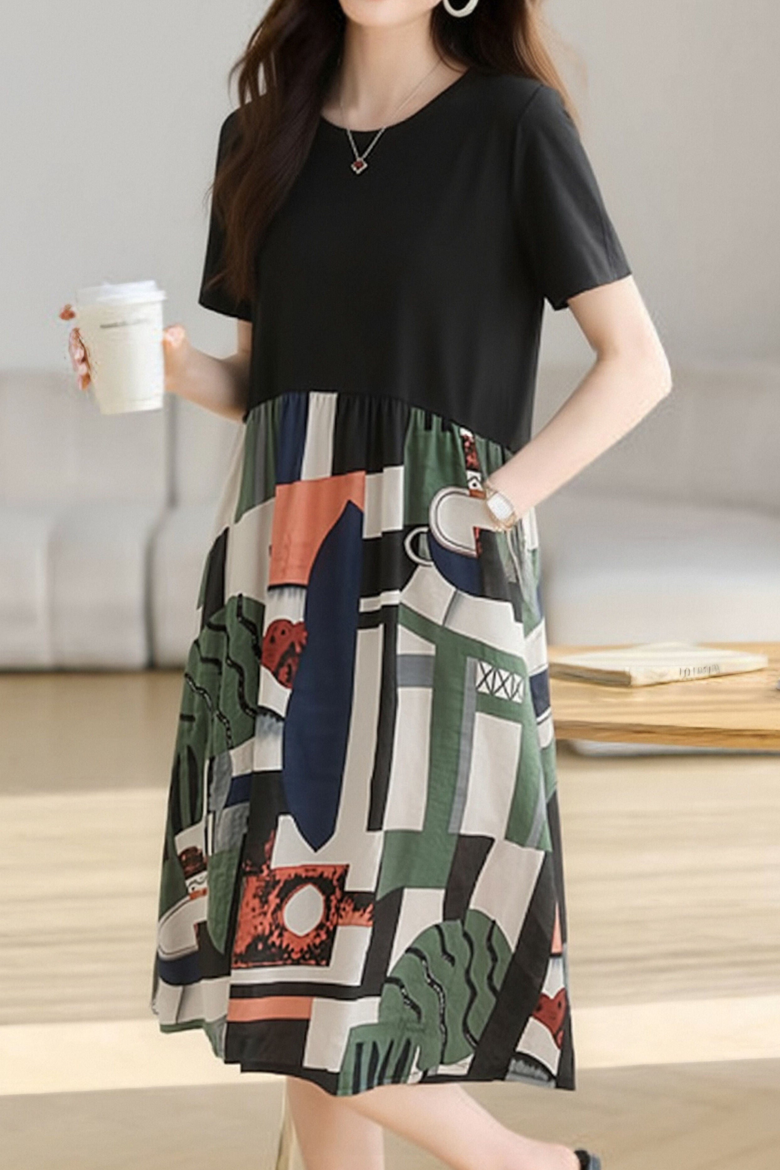 Casual Geometric Printed Spliced Dress - liwisi