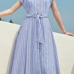 Casual Striped Linen Midi Shirt Dress - liwisi