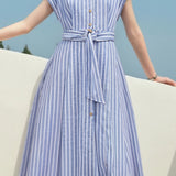 Casual Striped Linen Midi Shirt Dress - liwisi