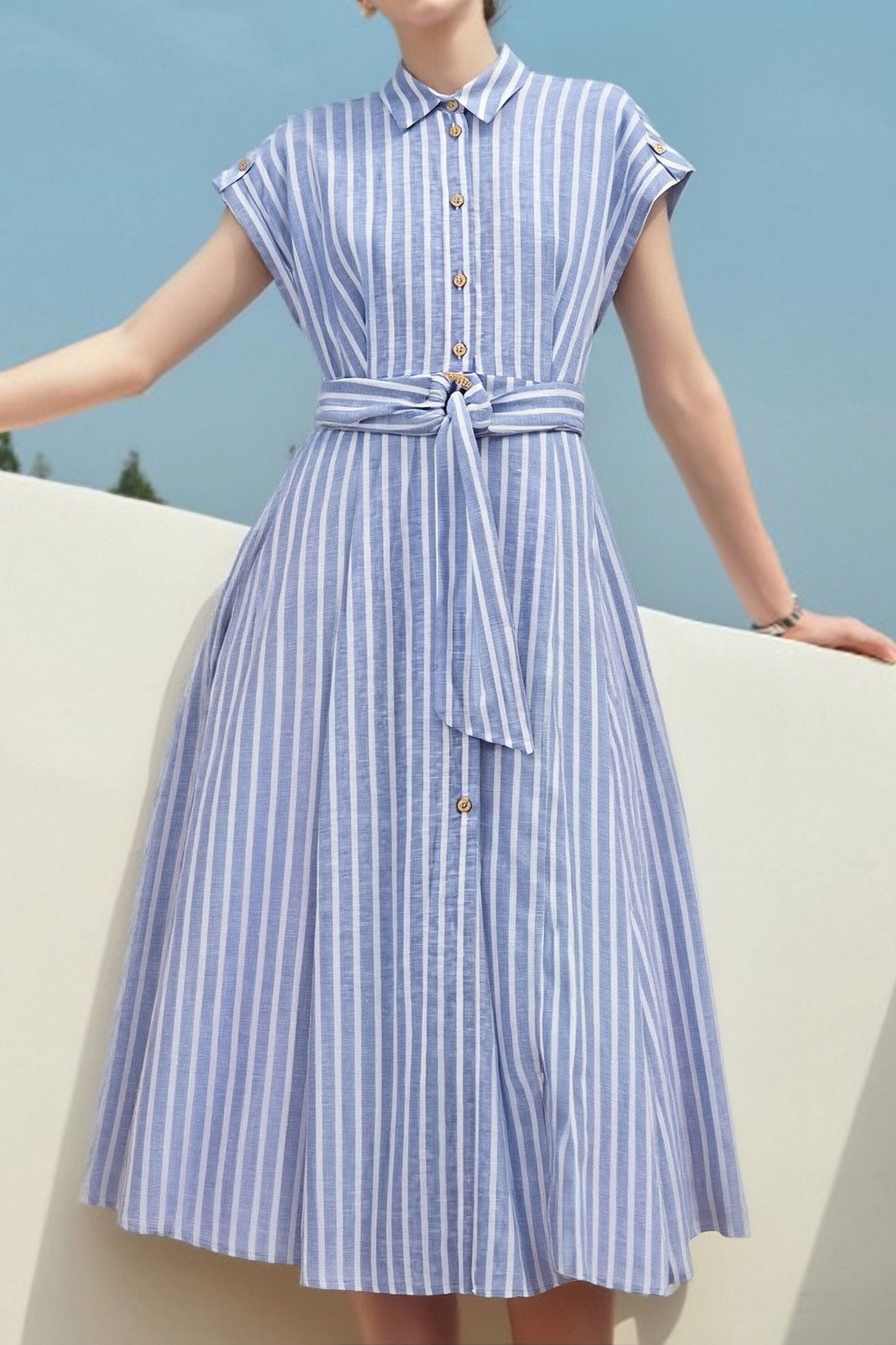 knee length dresses for ladies Loose White Striped Linen Shirt Dresses for Summer M