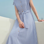 Casual Striped Linen Midi Shirt Dress - liwisi