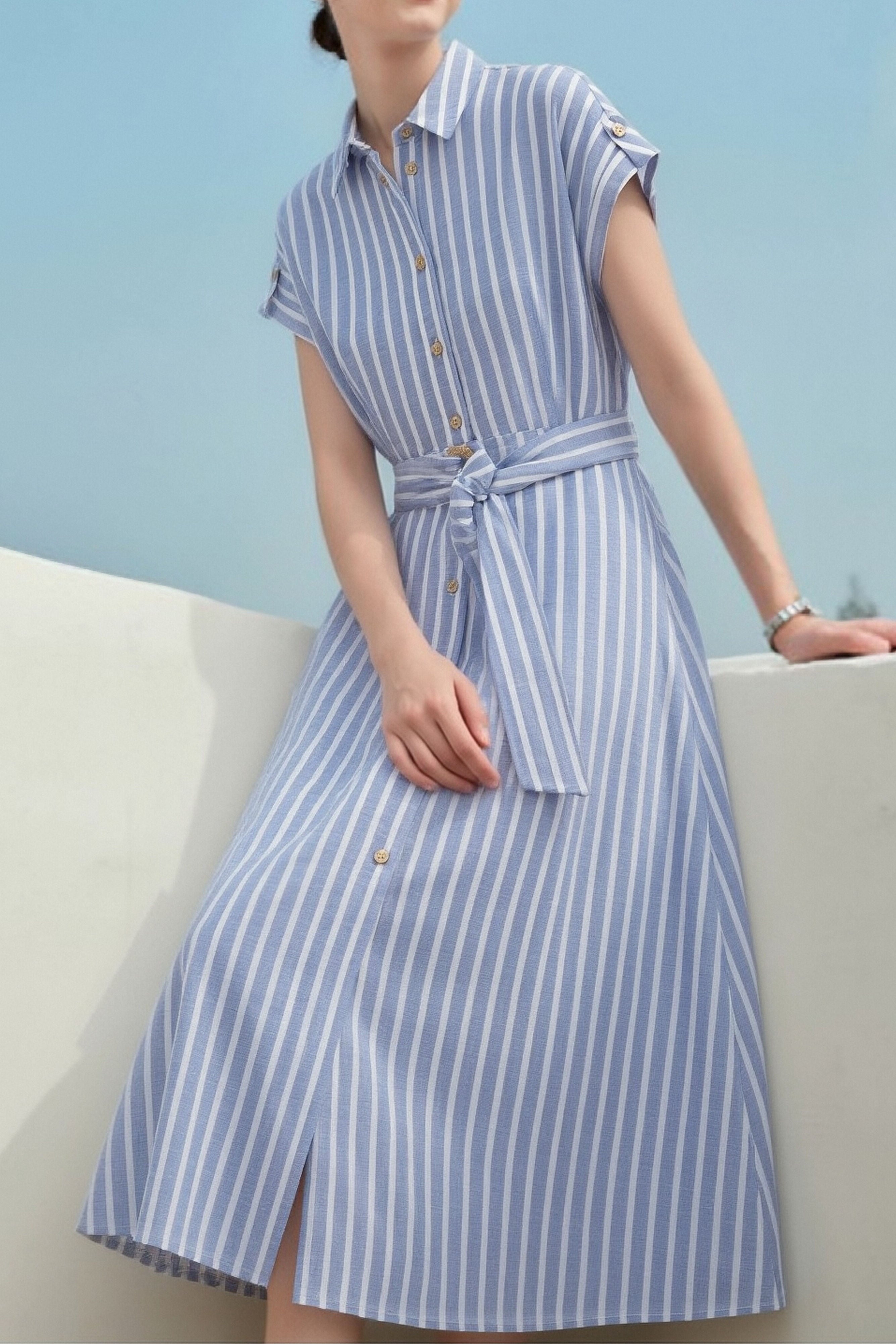 Casual Striped Linen Midi Shirt Dress - liwisi