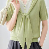 Casual Fake Two-Piece Tie Short Sleeve Knit Top - liwisi