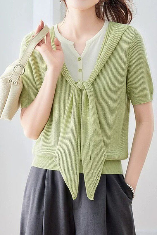Casual Fake Two-Piece Tie Short Sleeve Knit Top - liwisi