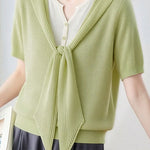 Casual Fake Two-Piece Tie Short Sleeve Knit Top - liwisi