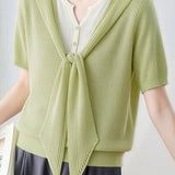 Casual Fake Two-Piece Tie Short Sleeve Knit Top - liwisi