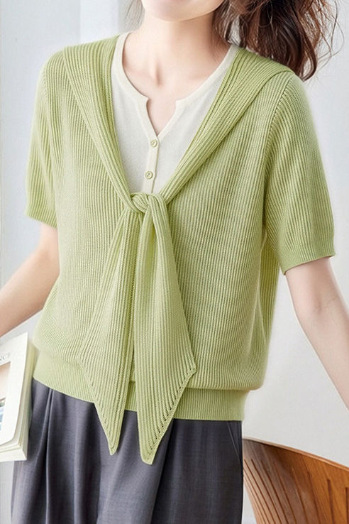 Casual Fake Two-Piece Tie Short Sleeve Knit Top - liwisi