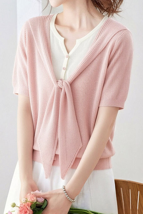 Casual Fake Two-Piece Tie Short Sleeve Knit Top - liwisi