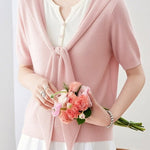 Casual Fake Two-Piece Tie Short Sleeve Knit Top - liwisi