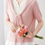 Casual Fake Two-Piece Tie Short Sleeve Knit Top - liwisi