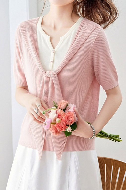 Casual Fake Two-Piece Tie Short Sleeve Knit Top - liwisi